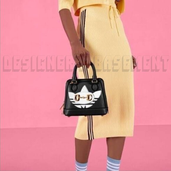GUCCI black Leather Adidas X Gucci 1955 gold Horsebit Web Trefoil Mini Bag+box๐ - Picture 4 of 12